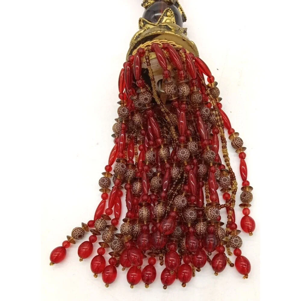 Vintage Red & Gold Braided Large Boho Style Curtain Tieback with Beaded Tassel
